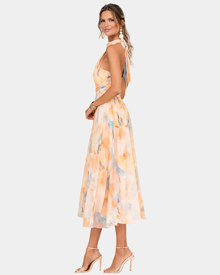 Louna | Robe à Col Halter et Imprimé Aquarelle