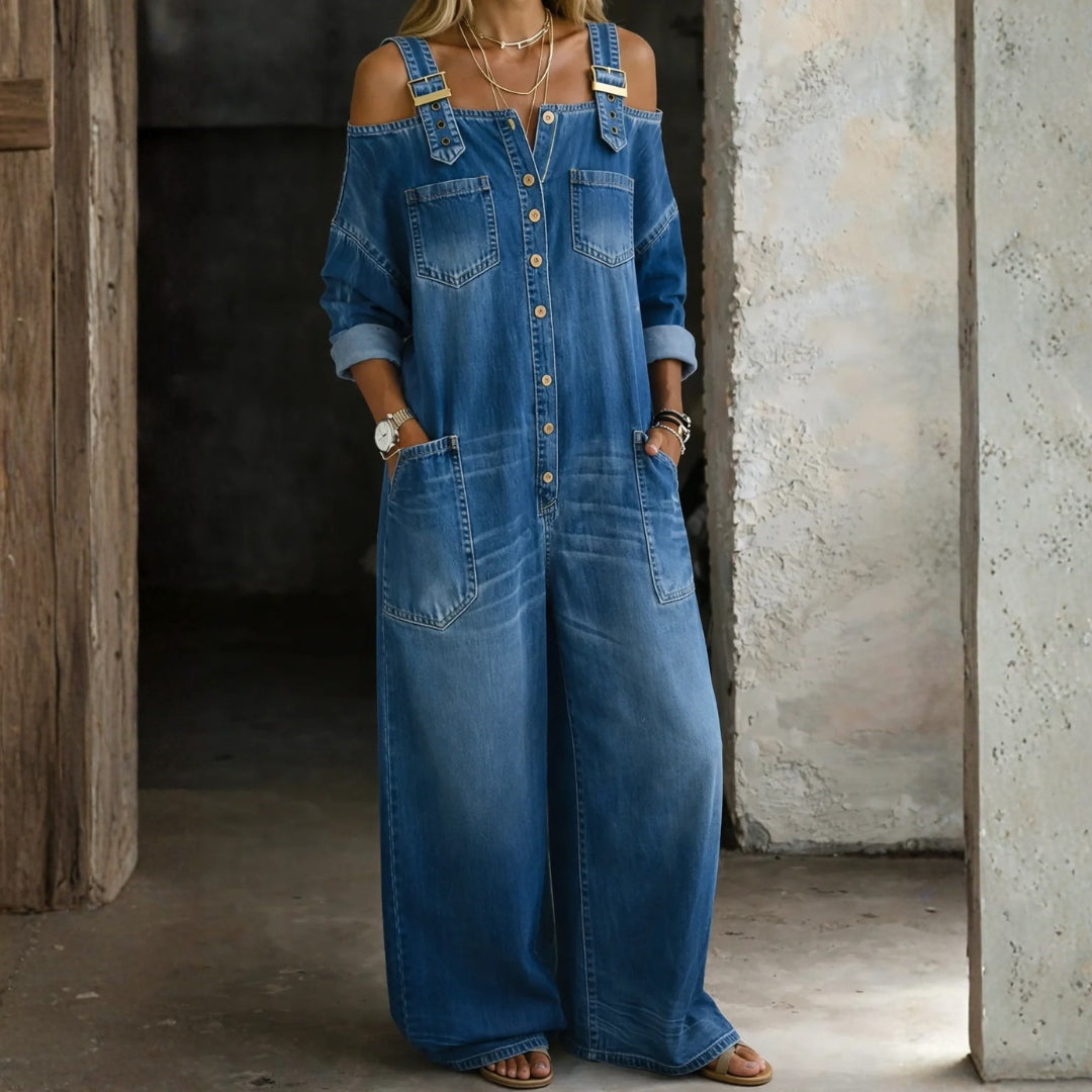 Céline | Combinaison en denim épaules dénudées