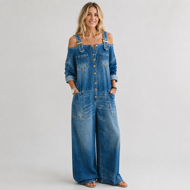 Céline | Combinaison en denim épaules dénudées