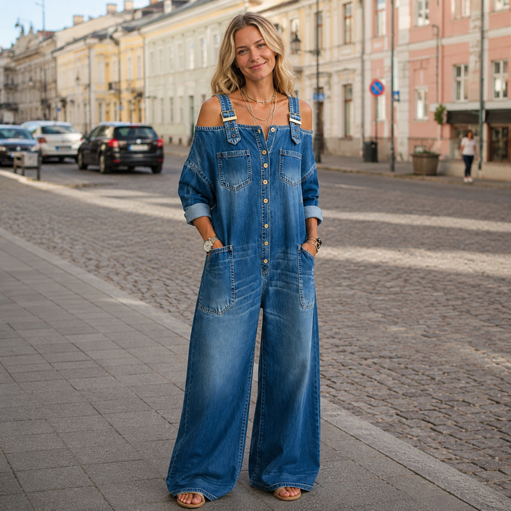 Céline | Combinaison en denim épaules dénudées
