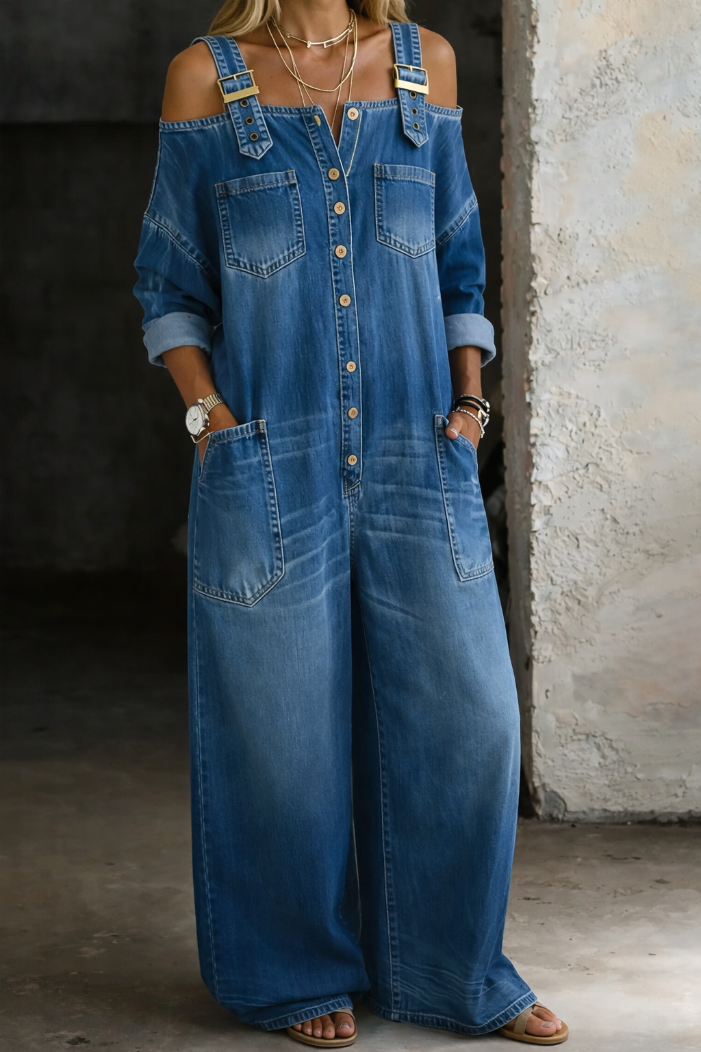 Céline | Combinaison en denim épaules dénudées
