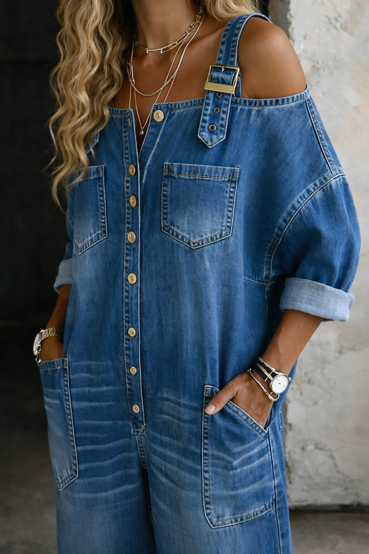 Céline | Combinaison en denim épaules dénudées