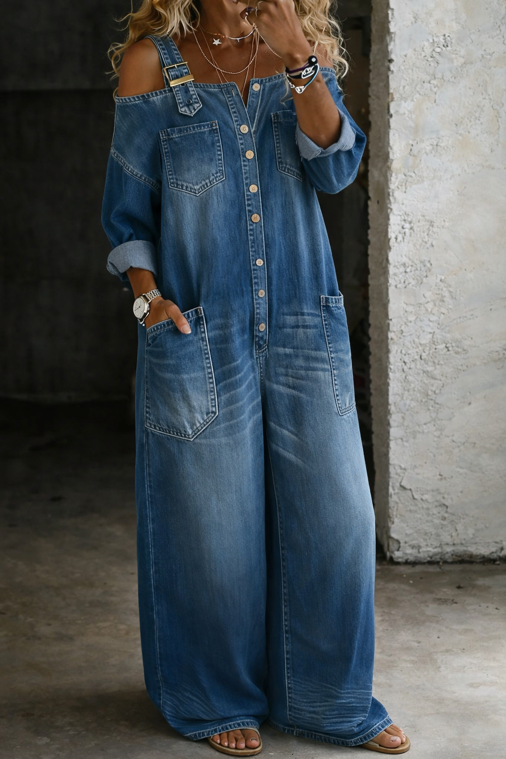 Céline | Combinaison en denim épaules dénudées