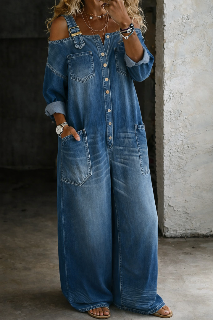 Céline | Combinaison en denim épaules dénudées
